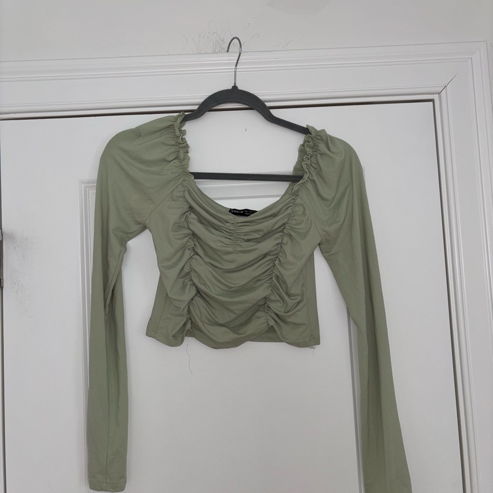 Ruched Scoop Neck Off the Shoulder Long-Sleeve Crop Top — Sage Green - Picture 8 of 8